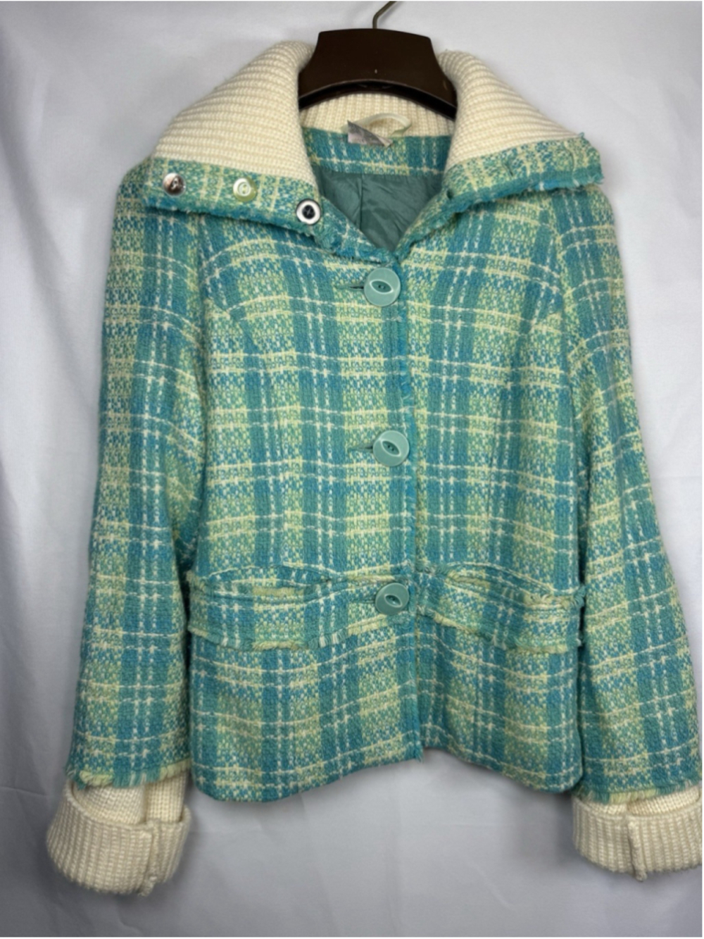 Free People Green Tweed Wool Blend Cardigan Jacket Boho Size XS/TP Raw Hems